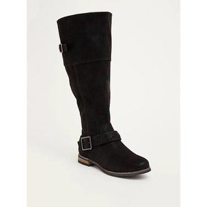 Black Stitch Buckle Flat Heel Wide Calf Boot